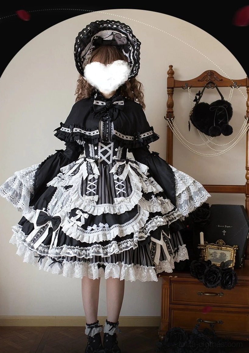 Black and white vintage lolita cape bonnet set full body front view elegant floral print headpiece
