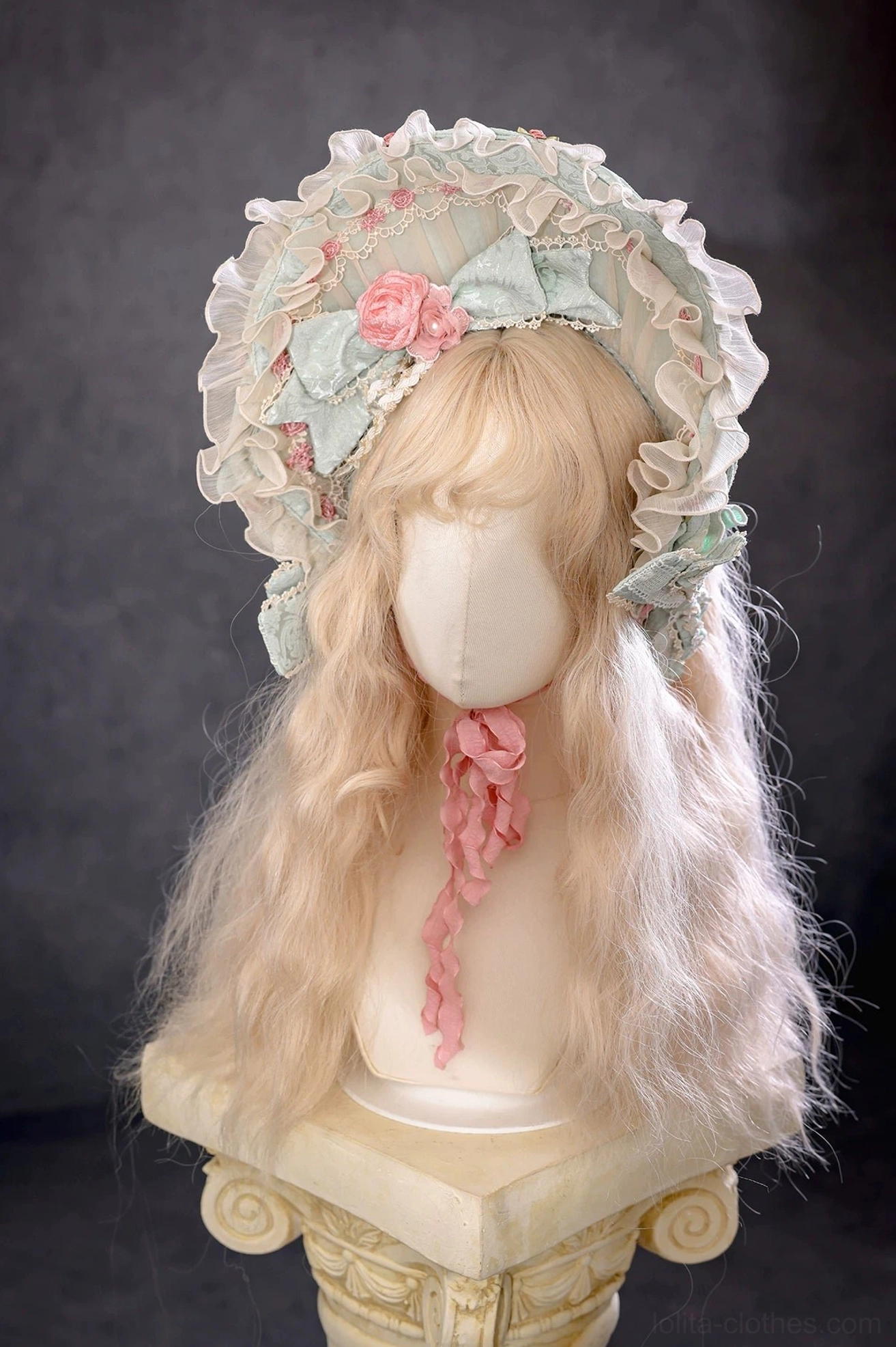 Classic Lolita choker necklace with pearl chain detail and fabric rose accent on mannequin