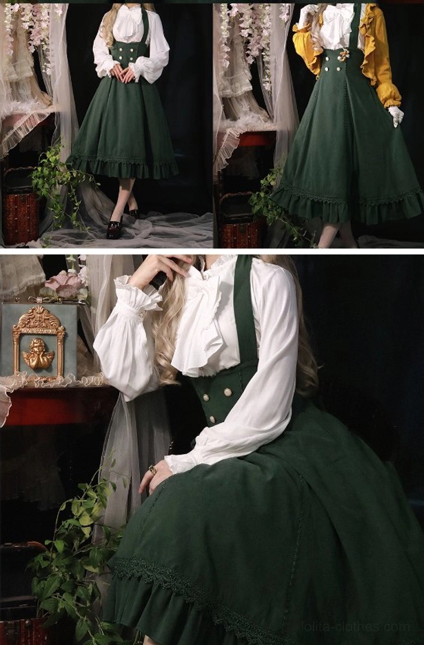 Vintage lolita coordinate complete styling suggestion halter JSK dress and French blouse paired with petticoat recommended wear