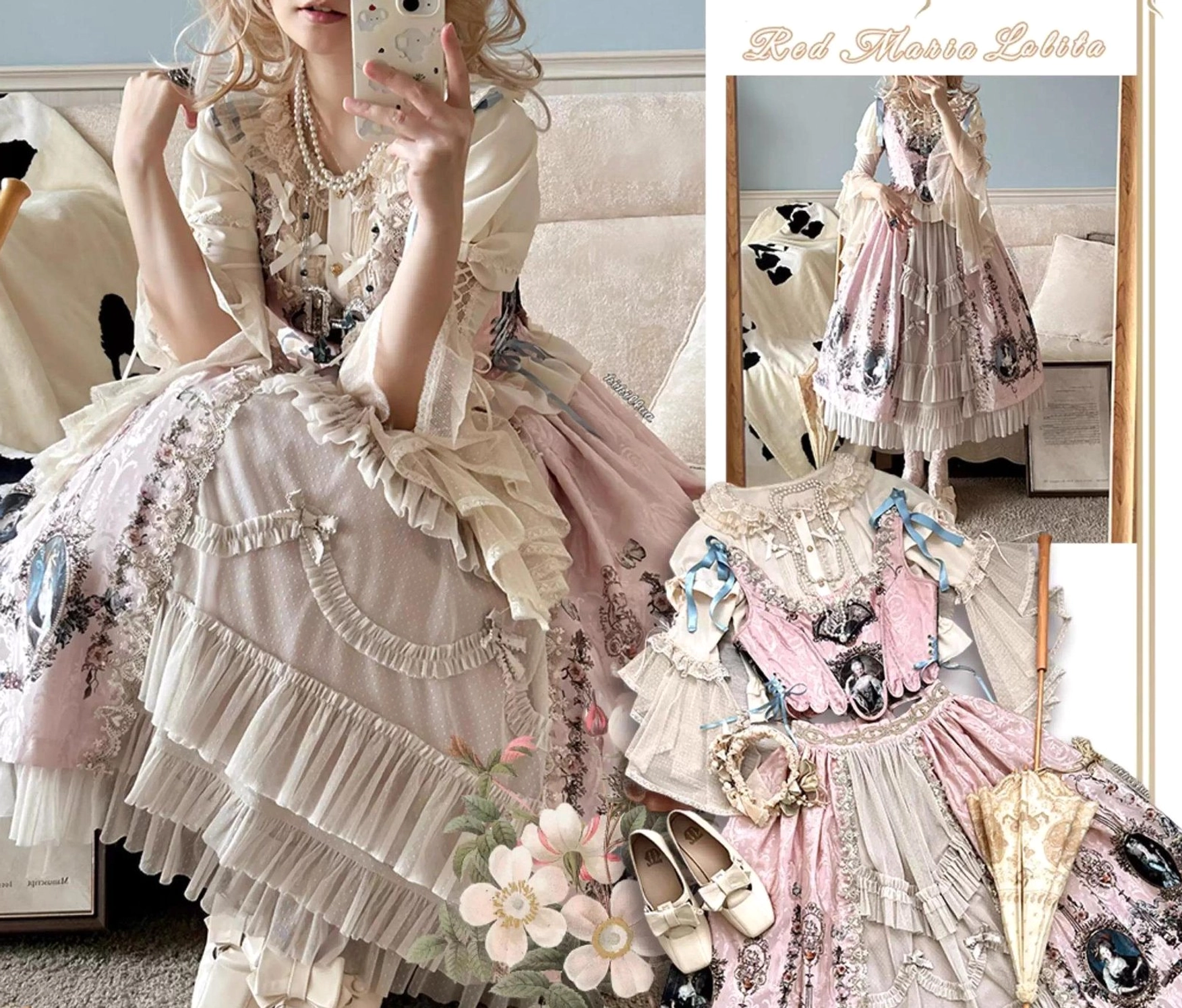 Vintage lolita coordinate with ruffled hime sleeves, layered skirt, pearl jewelry accessories and puff sleeves in soft cream and beige tones