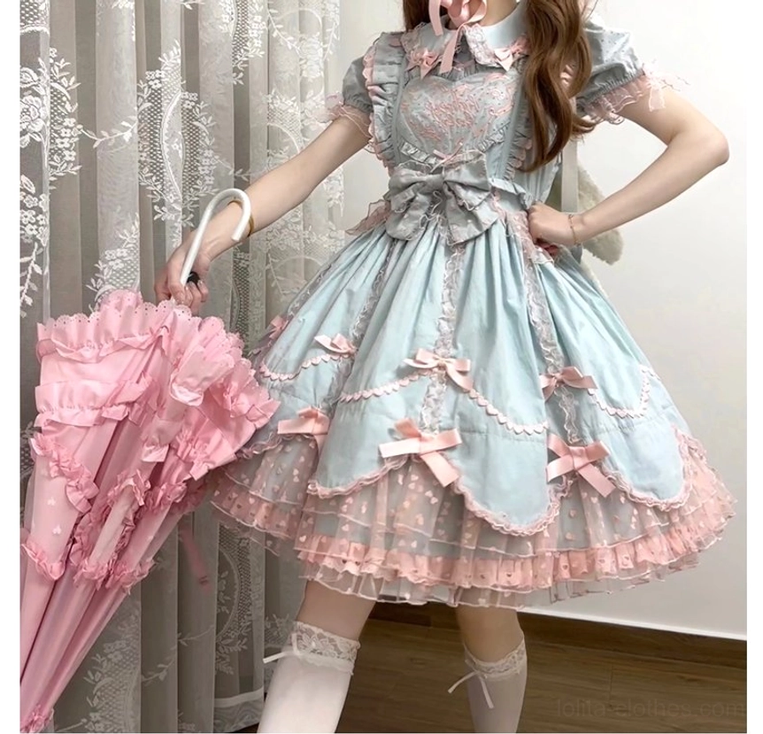 Sweet Lolita dress ensemble photographed flat-lay showing all included components and accessories