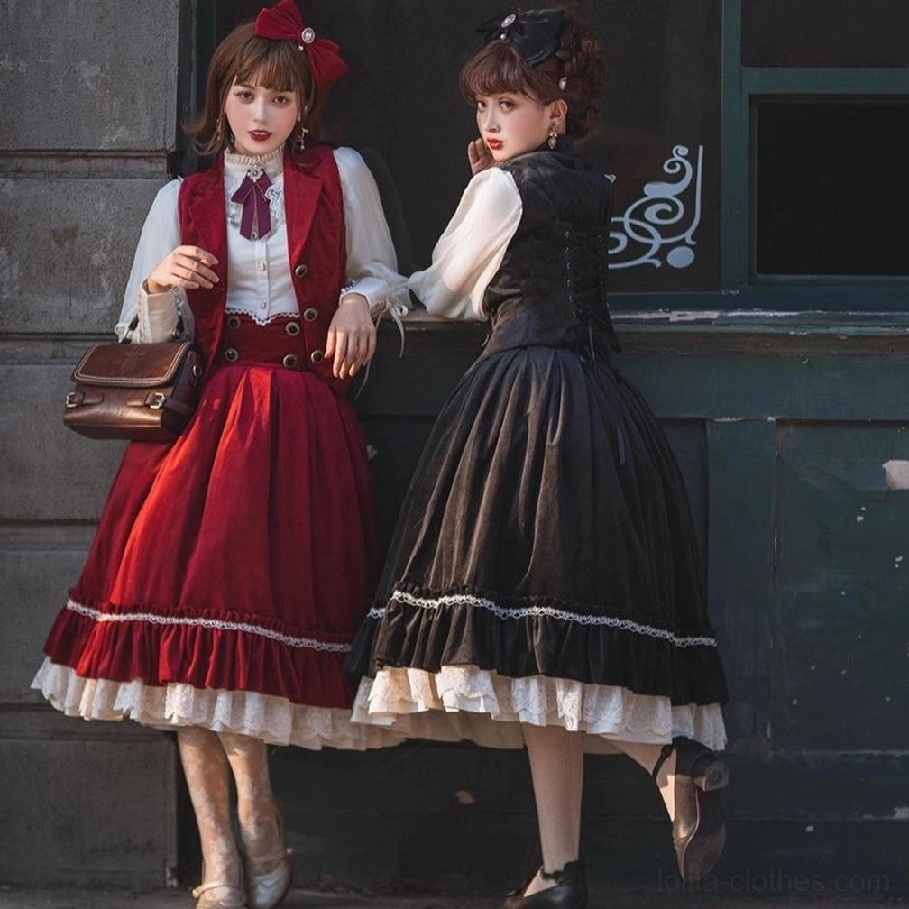 Vintage lolita formal outfits red grid overall dress black waistcoat leather crossbody bag outdoor