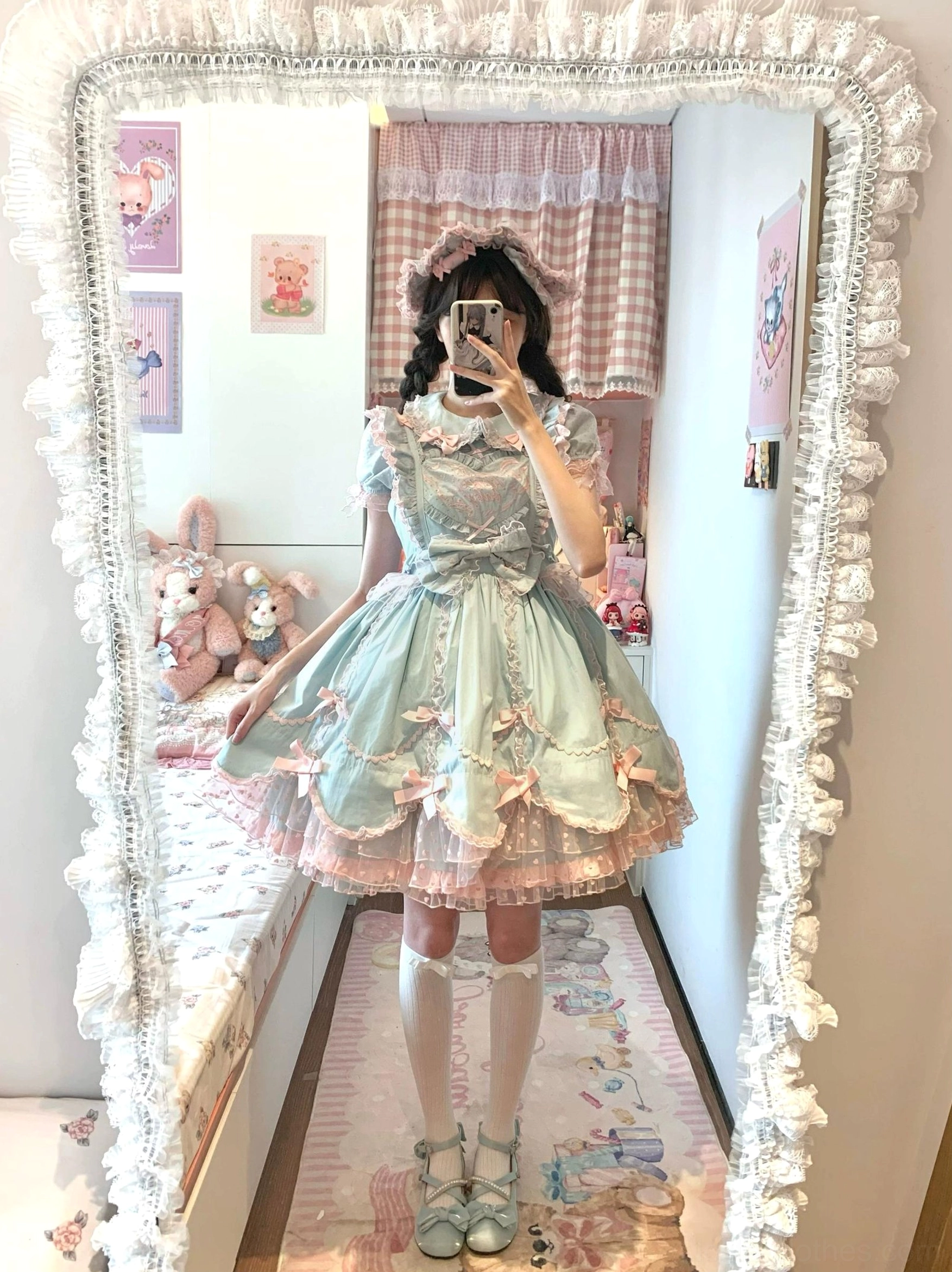 Vintage Lolita JSK dress modeled showing full silhouette petal hem and coordinating bonnet
