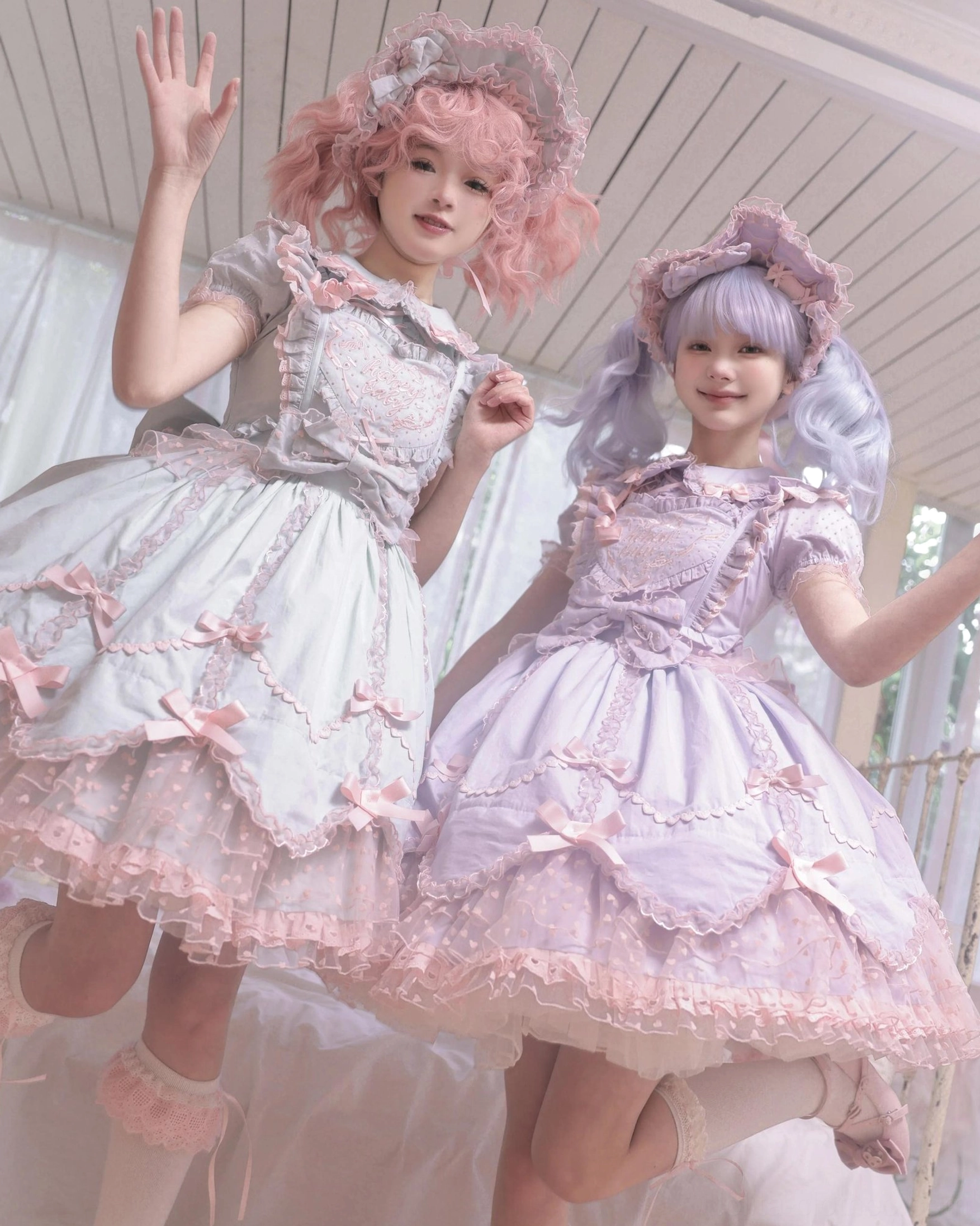 Mint green and lavender sweet Lolita JSK dress set showing layered ruffled skirt construction and bow accessories