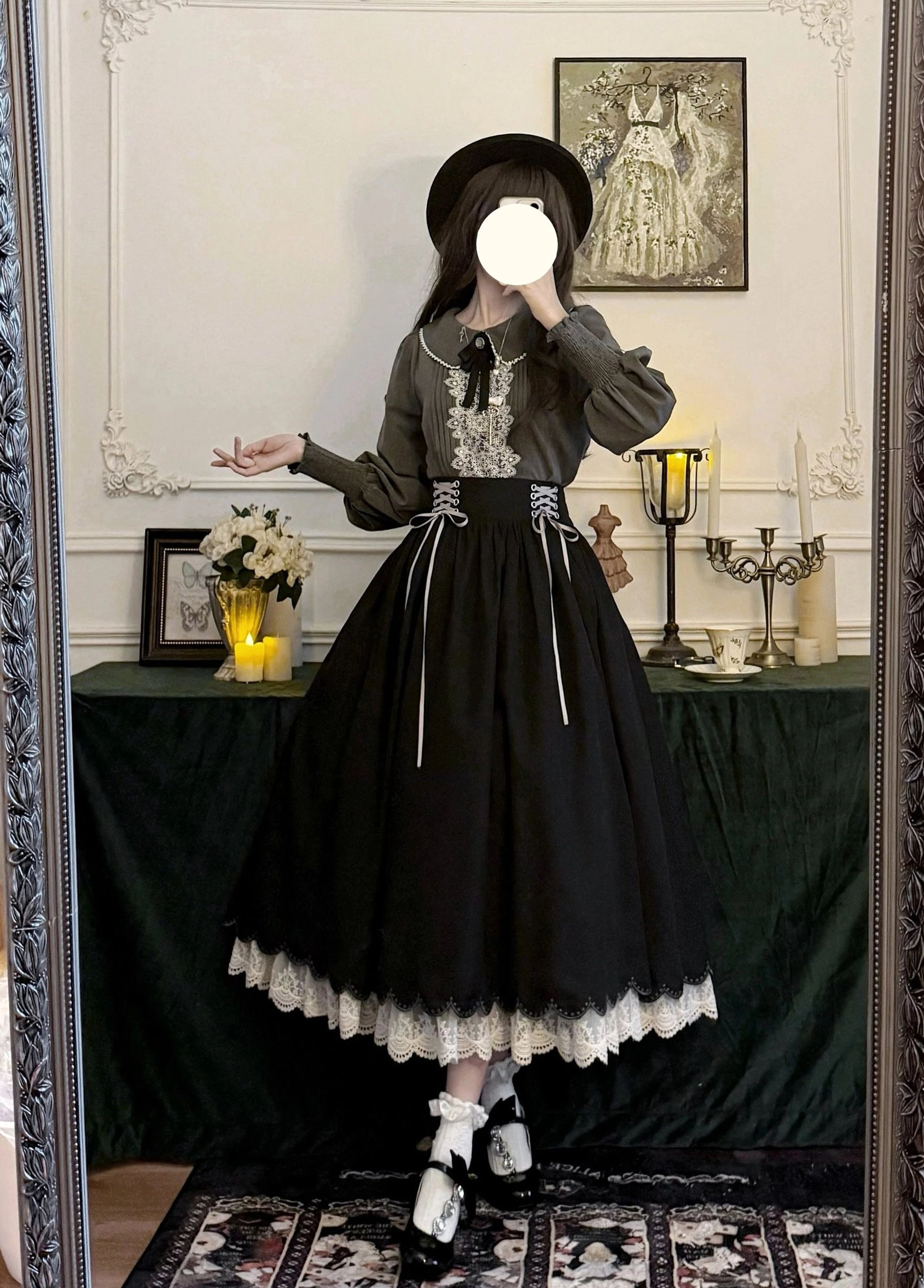 Vintage lolita matching brooch detail included with full set color coordination with petal skirt completes ensemble
