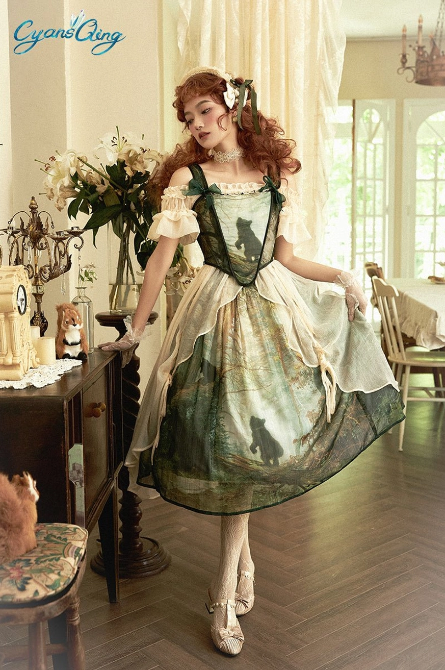 Vintage lolita midi dress with bear prints side full shot standing beside flower bouquets