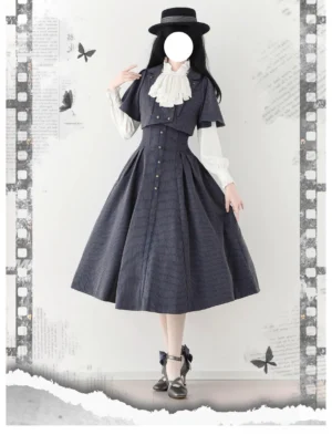 Vintage lolita midi dress suit positive front view navy button-down ruffled neck detachable bow knee-length flared skirt