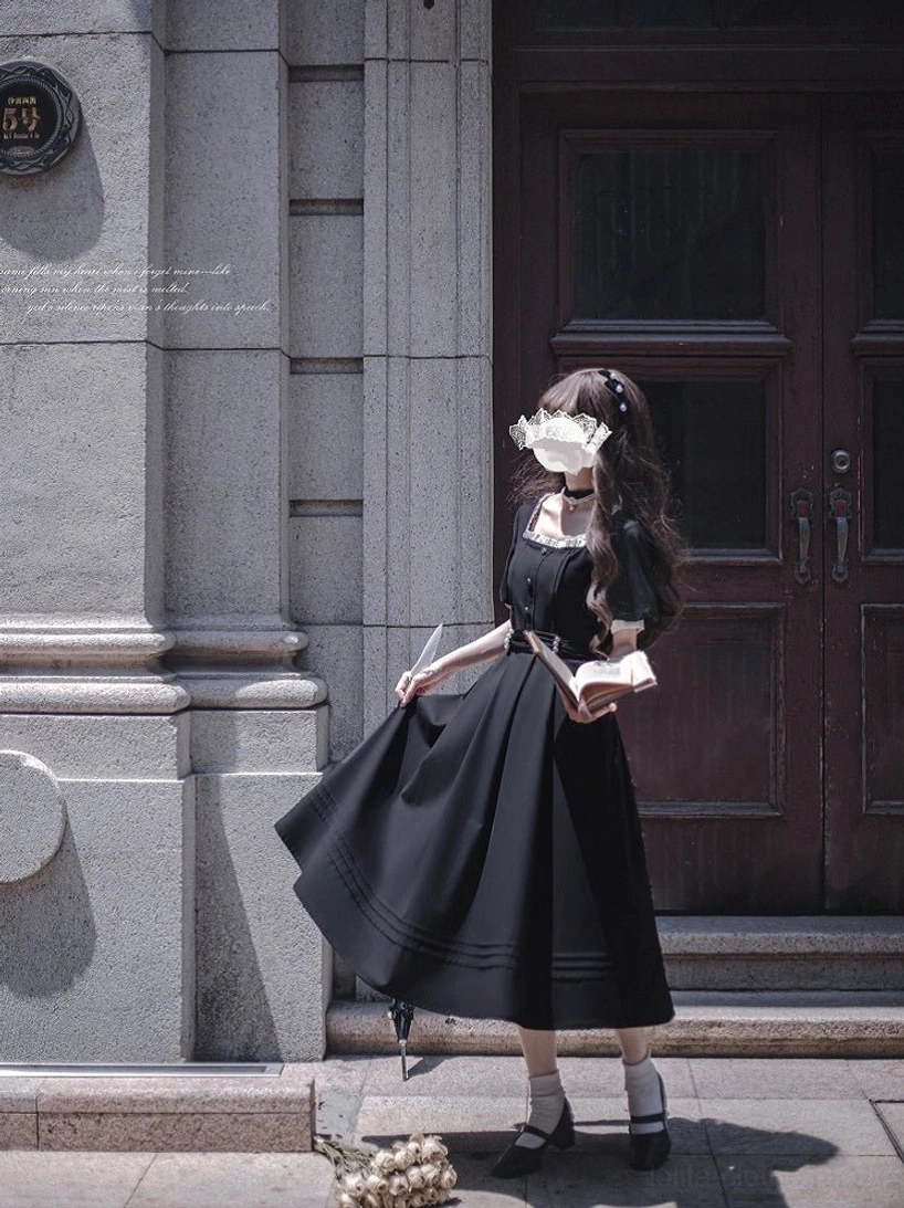 Vintage black Lolita OP dress complete outfit coordination showing dress styled with accessories, footwear and how complete lolita fashion ensemble is assembled and worn