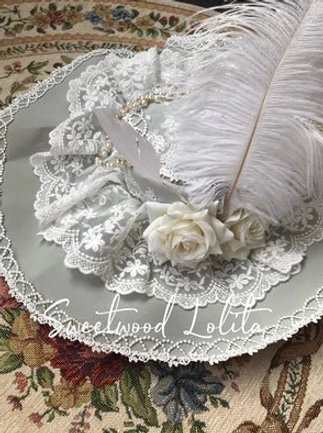 Vintage lolita OP dress with fancy lace decorative hat accessory styling recommendation showing complete lolita coordinate pairing suggestions aesthetic enhancement
