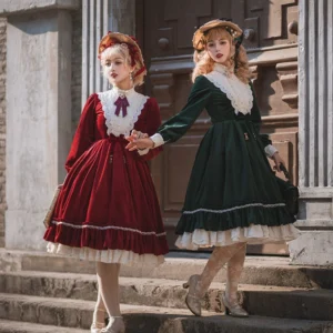 Velvet lolita OP dress eye-level front shot walking models stone building steps two models holding hands lace-trimmed cuffs hem design detail showcase