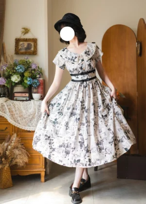 Classic Lolita newspaper printed OP dress worn by model in vintage interior setting with bowler hat and elegant retro styling coordination