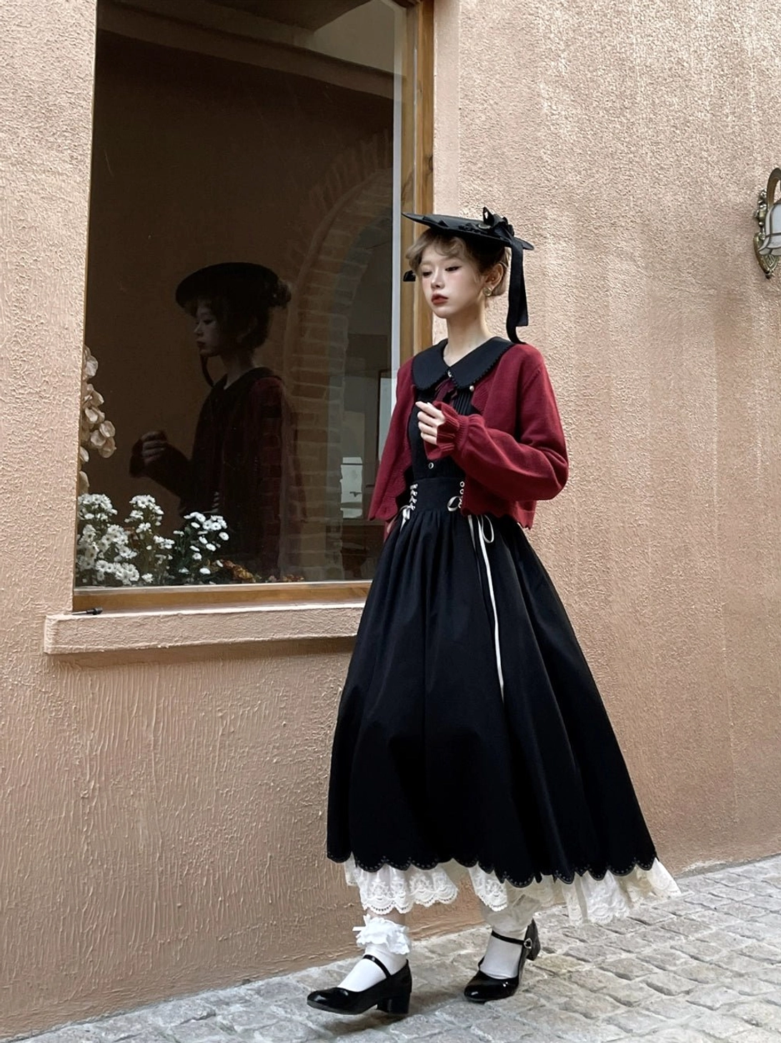 Vintage lolita outfit styled with vintage parasol rolled umbrella prop complementary accessories themed aesthetic