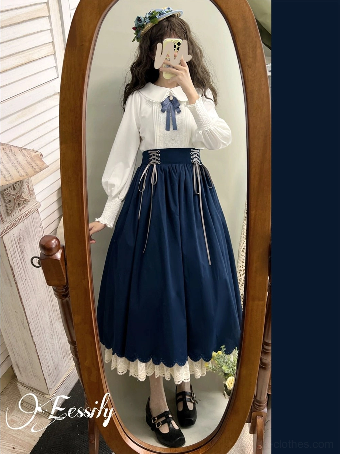 Vintage lolita petal-hem skirt detailed close-up showing structured poof crisp fabric and bell-shaped silhouette design
