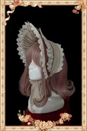 Vintage style Lolita pleated bonnet beige lace back view neck ribbon