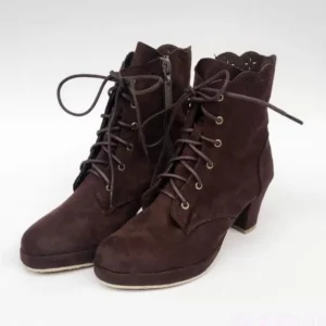 Vintage Lolita suede high-heel ankle boots with petal-shaped scalloped collar and metal lace-up eyelets, front three-quarter display showing dark brown suede texture and block heel platform design
