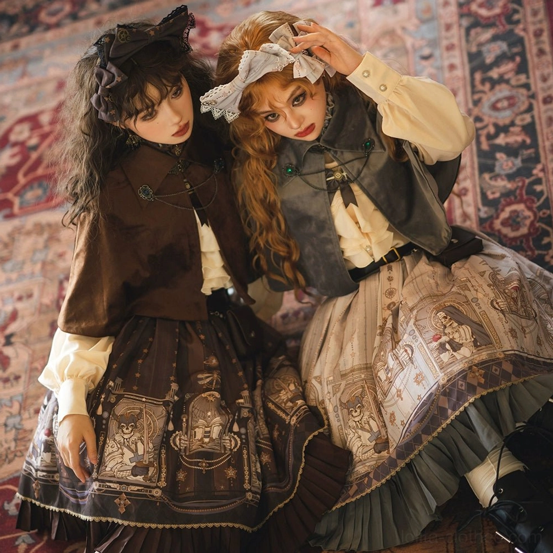 Twin-style vintage Lolita outfits brown cream contrast color scheme printed skirts hair bow accessories sitting pose carpet
