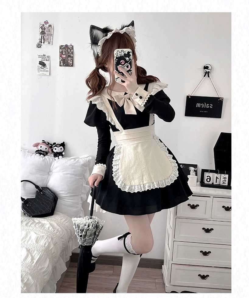 Vintage maid lolita OP dress with detachable apron front view detailed view of design elements
