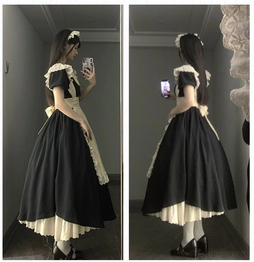 Vintage maid lolita OP dress full-length modeling shot showing movement and flow