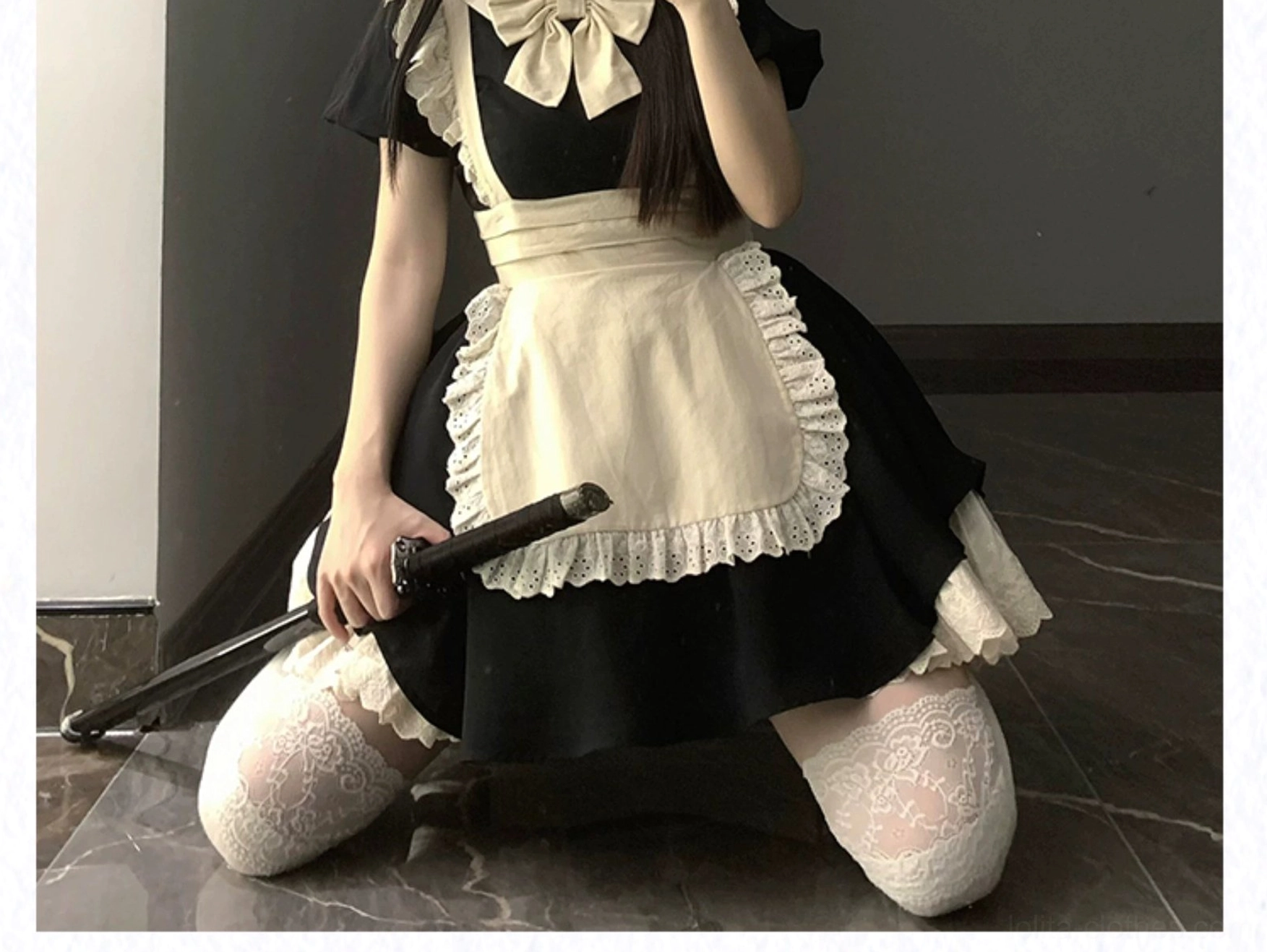 Vintage maid lolita dress short version showing knee-length silhouette and proportions