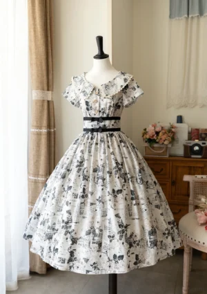 Vintage newspaper rose printed classic Lolita OP dress front view on mannequin featuring Peter Pan ruffled collar, black waist belt, and all-over retro print