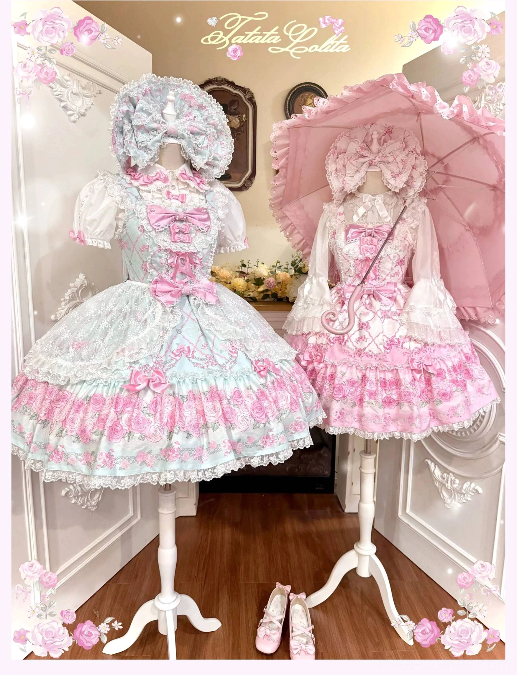 Two complete sweet old school lolita full sets with matching bonnets and pink parasols, showing coordinated rose and floral print patterns, ruffled lace trims, and bodice satin bow decorations in vintage boutique studio