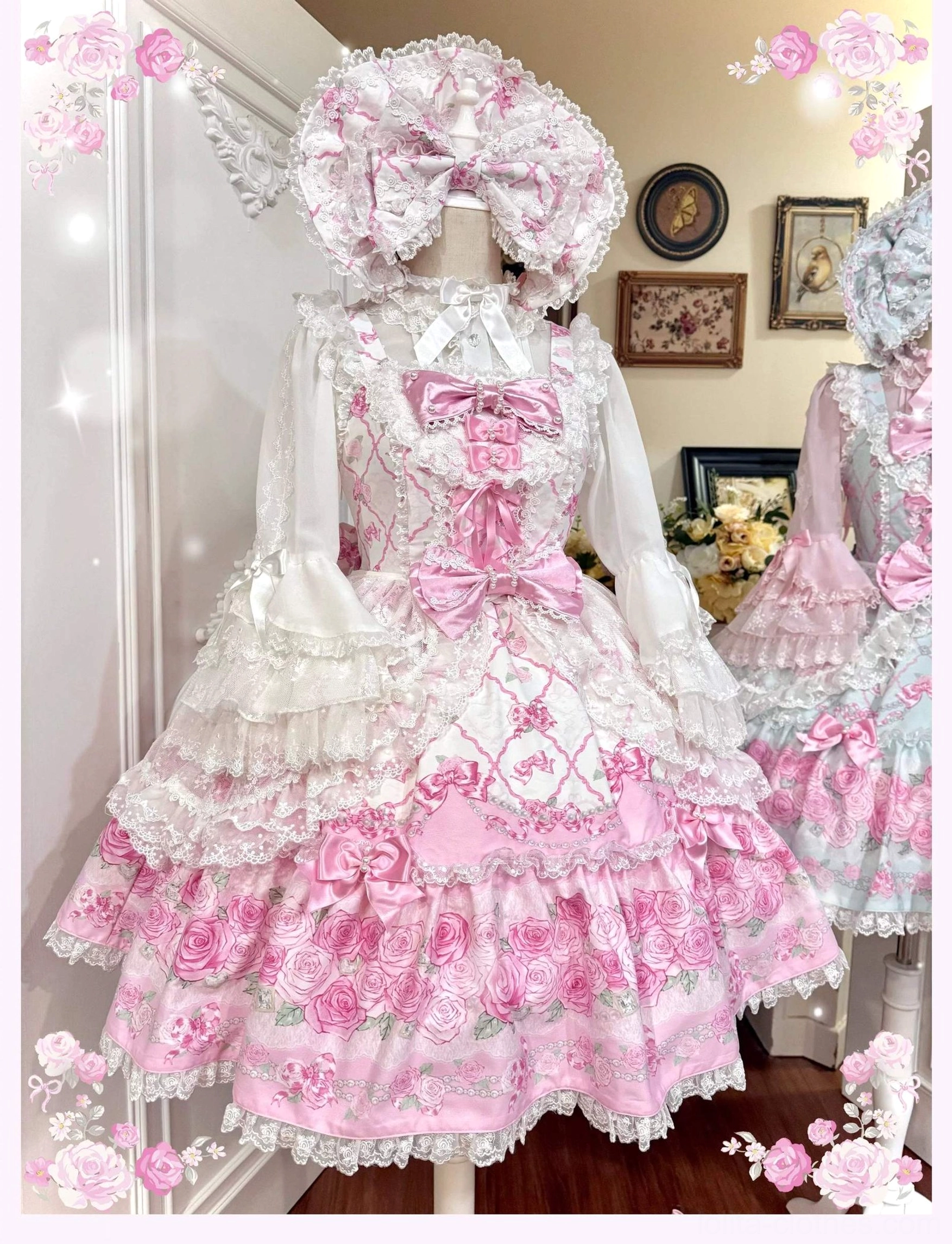 Old school lolita jsk dress detail view showing faux pearl embellishments, delicate lace trim, satin ribbon bow accents, and rose floral print pattern on sweet lolita jumper skirt