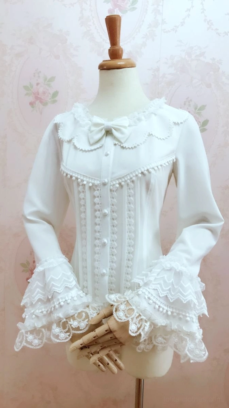 Sweet Lolita petal collar blouse full-length front view with layered lace ruffled cuffs pom-pom decorative trim and flounced hem