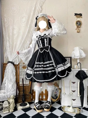Vintage petal hem old school lolita JSK dress black and white classic front full body view checkered floor Victorian bedroom