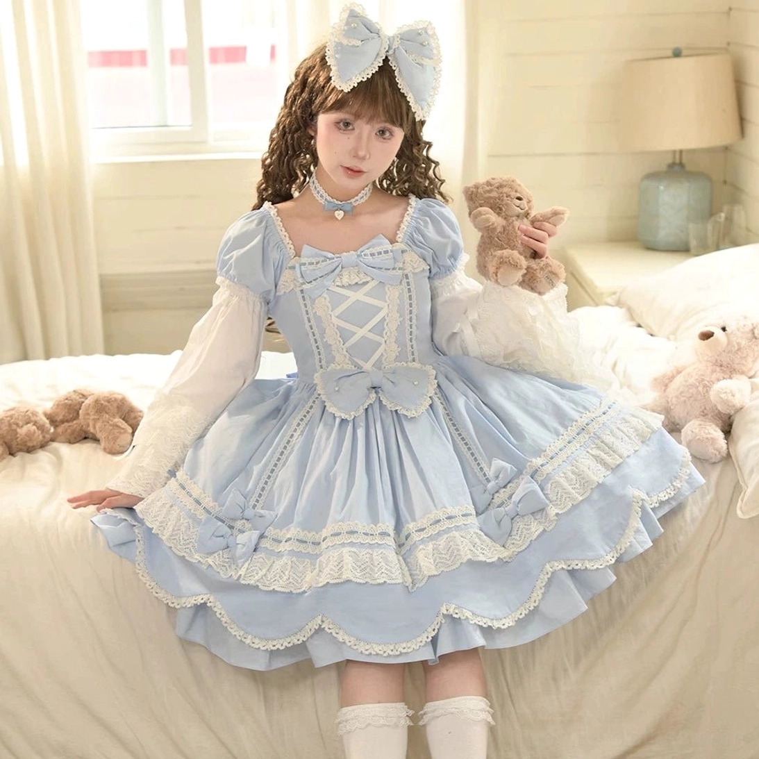 Sky-blue sweetheart neckline Lolita op dress with large head bow, layered lace skirt and detachable long sleeves vintage petal rabbit