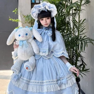 Sky-blue sweet Lolita dress with matching ruffled bonnet, vintage petal rabbit theme detachable capelet and lace accessories
