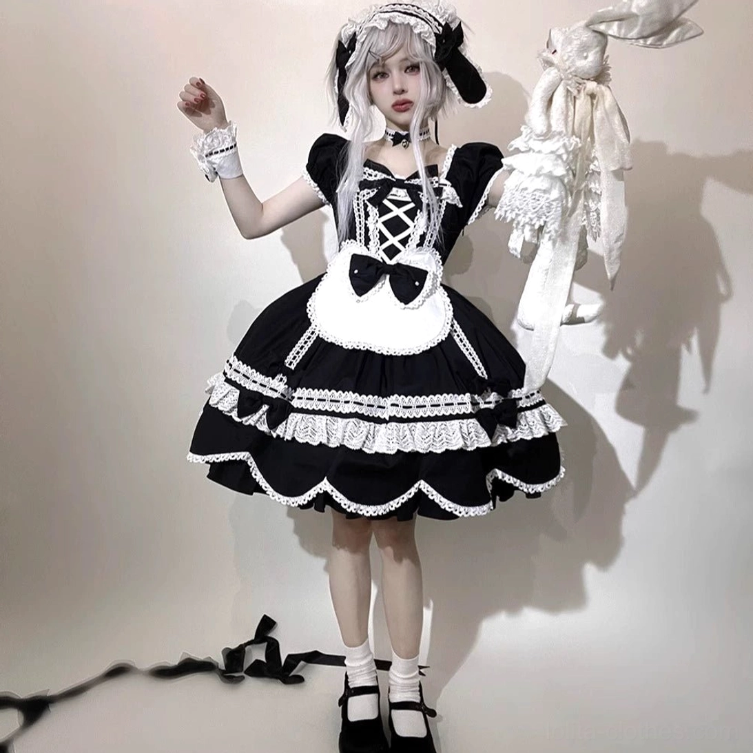 Classic black and white maid Lolita dress with detachable waist apron, vintage petal rabbit bunny ear headdress full-body view