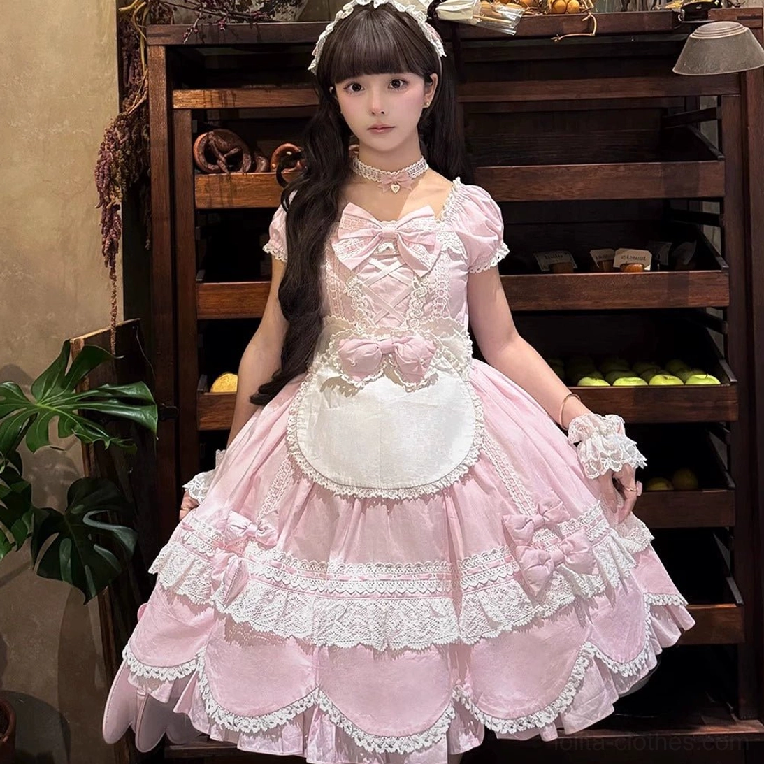 Pink sweet maid Lolita one-piece dress with pink bow decorations, ruffled lace hem, vintage petal rabbit accessories and waist apron