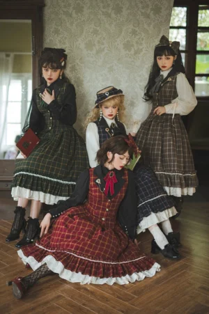 Multiple vintage plaid lolita dress sets and blouse combinations styled on models in indoor mansion