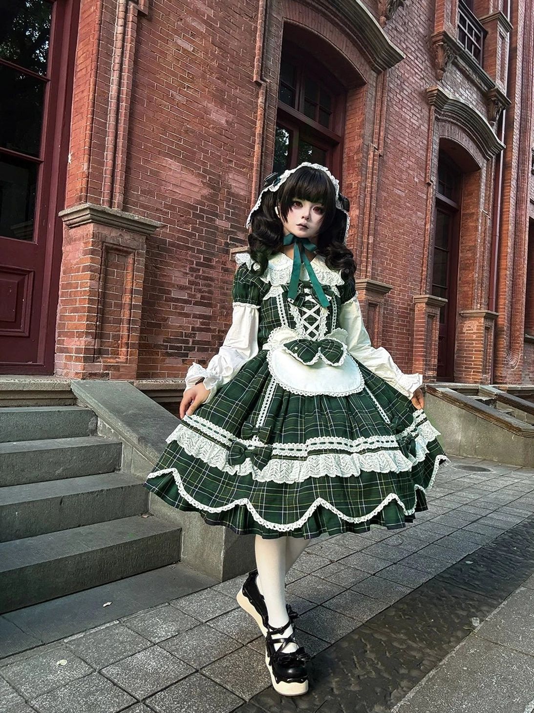 Vintage plaid lolita OP dress care and material composition display showing 65% polyester 35% cotton blend fabric