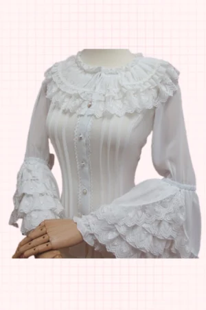 White vintage princess long sleeve lolita blouse with multi-layer ruffled lace collar and tiered flared lace cuffs on dress form front flat display