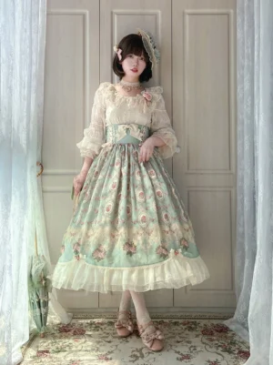 Vintage retro Lolita blouse with square collar ruffled lace and lantern sleeves worn with high-waisted floral skirt and accessories