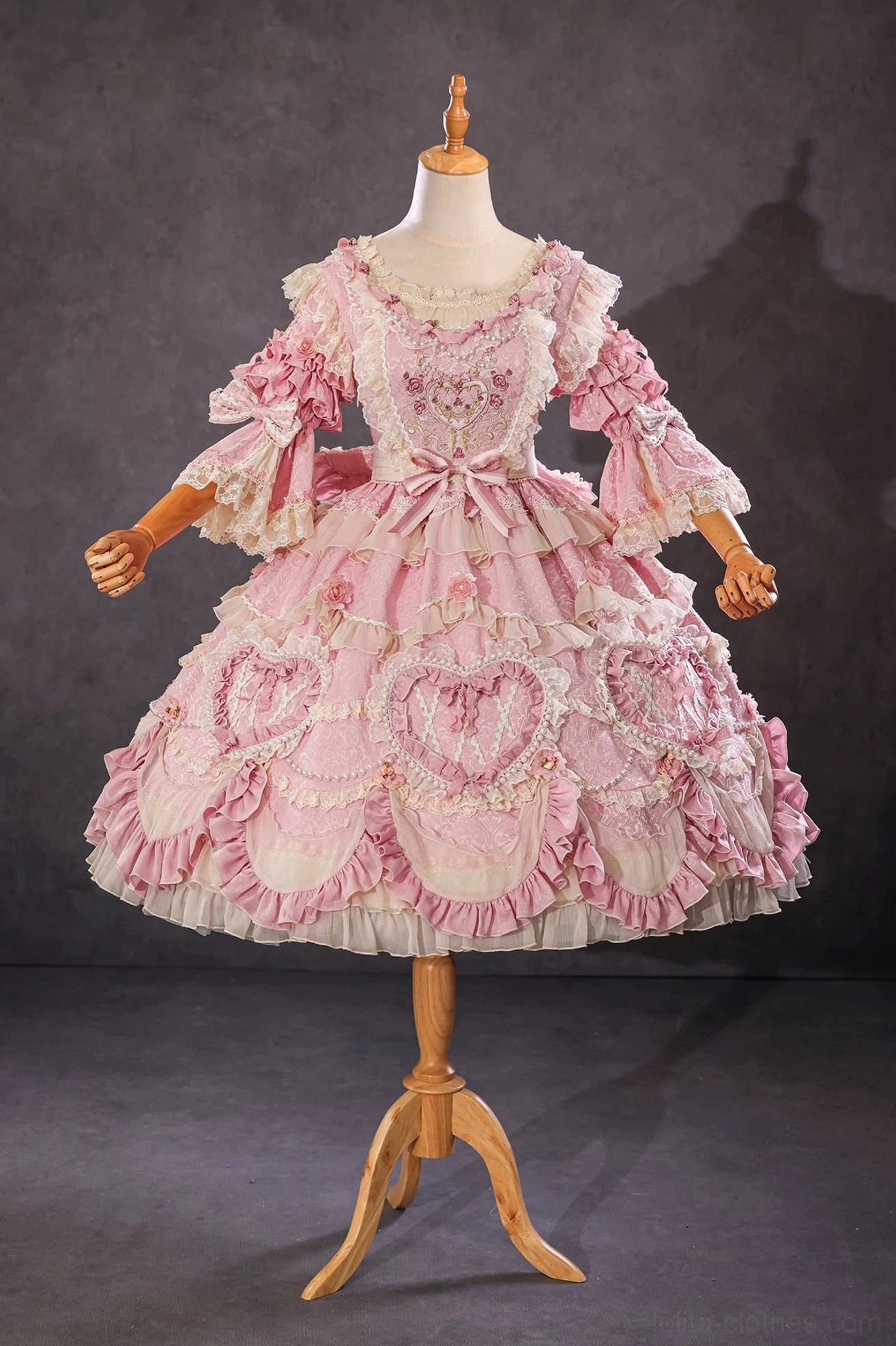 Vintage Rococo Lolita choker necklace displayed on dress form showing pearl chain and romantic styling