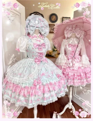 Front view of vintage rose garden old school lolita jsk dress with pink floral print and ribbon bows, worn with matching pink lolita full set and bonnet, displaying classic sweet lolita aesthetic and layered ruffled skirt silhouette
