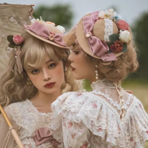 Wooden Rose vintage lolita boater hat with pink satin bow and floral embellishments paired with elegant lolita dress, outdoor grassland model photography
