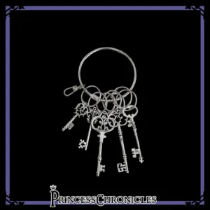 Vintage silver skeleton key ring charm with five intricately hollowed retro keys, polished alloy finish, featuring sturdy lobster clasp and spring key ring mechanism for secure Lolita bag attachment - flat lay product photography