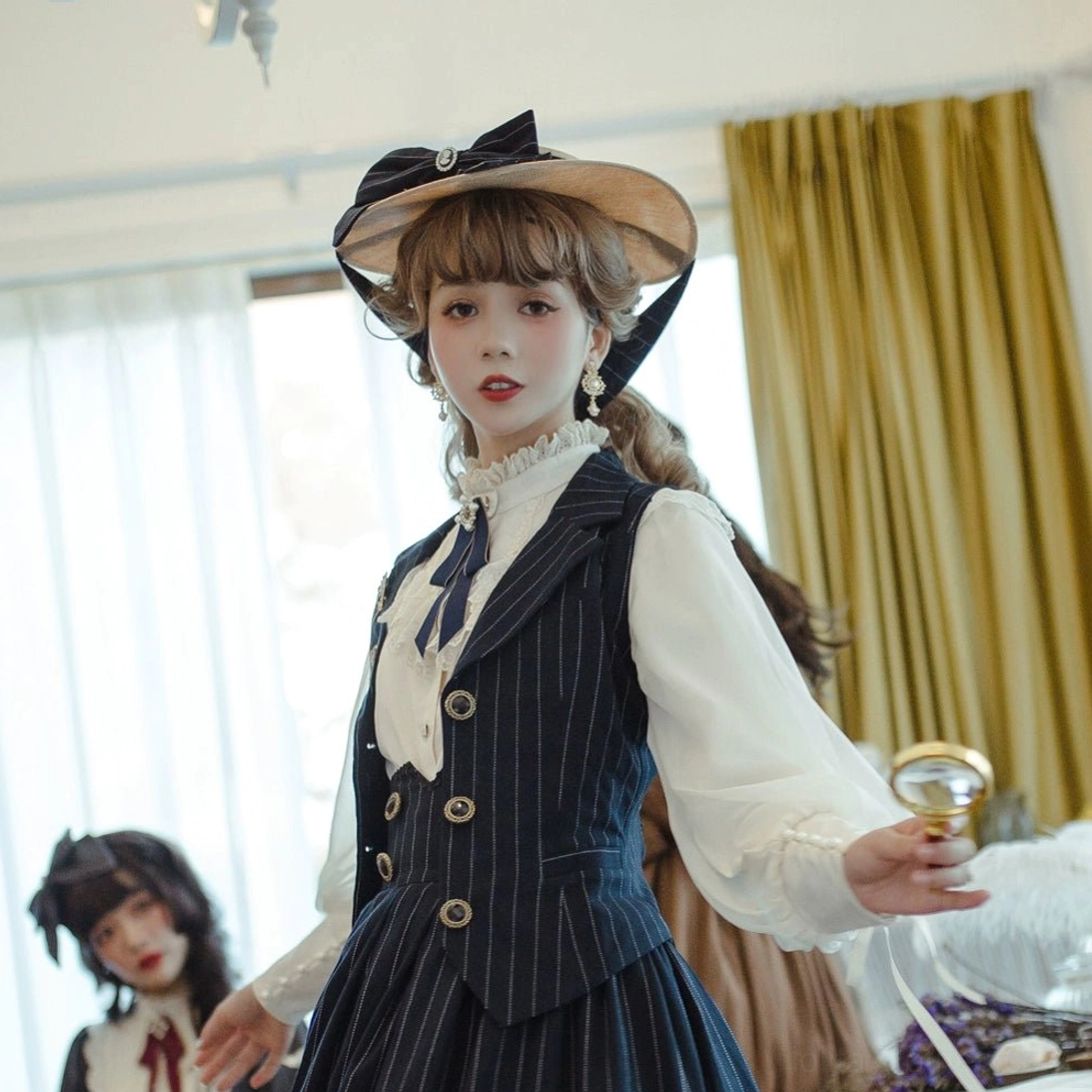 Vintage striped lolita skirt for lolita tea party event showing formal coordinate styling and refined presentation