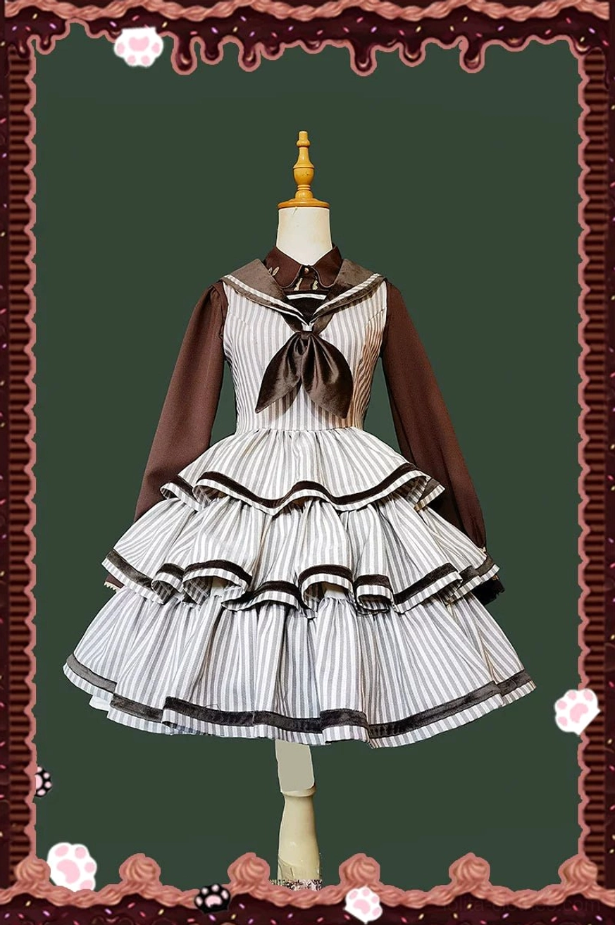 Detachable coordinating cape for vintage striped peppy sailor Lolita ensemble displayed on dress form, showing layered ruffled construction and dramatic volume-enhancing design element