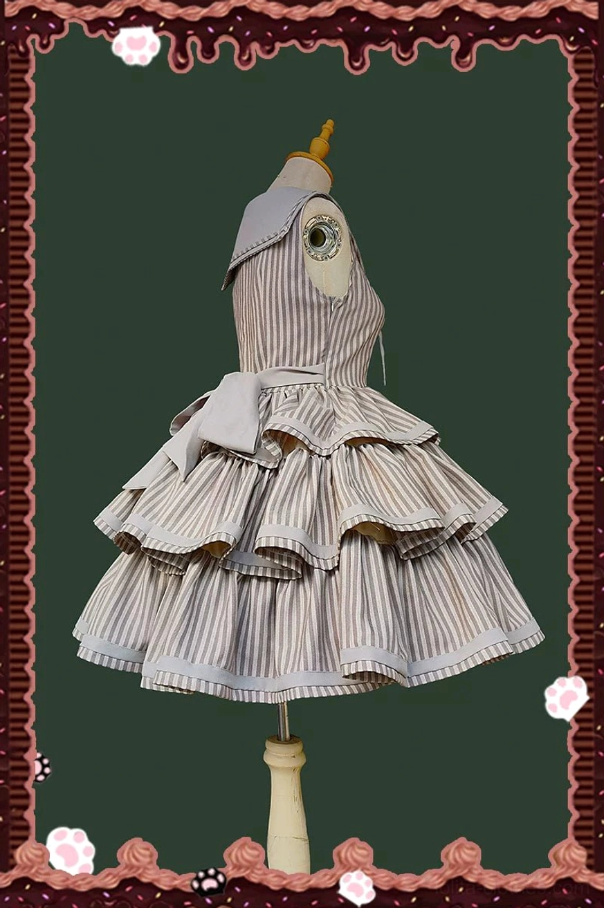 Vintage striped peppy sailor Lolita JSK coordinate folded and displayed showing overall ensemble contents including JSK, cape, and blouse components together as complete set