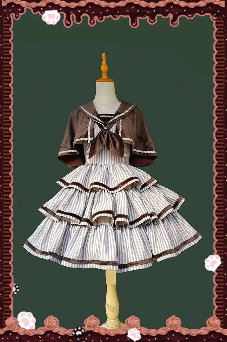 Front display of brown and white striped Lolita JSK with sailor collar and detachable cape shown on dress form without model, showcasing layered ruffled cake skirt design with brown trims and structured sailor aesthetic