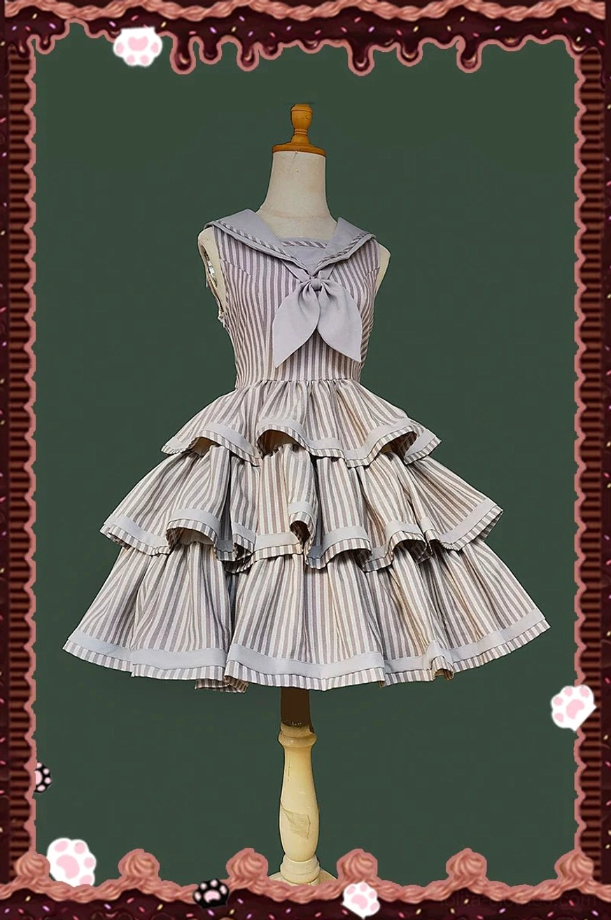 Hanging display of vintage striped peppy sailor Lolita JSK on quality padded hanger showing proper storage method for maintaining shape and structure of coordinate