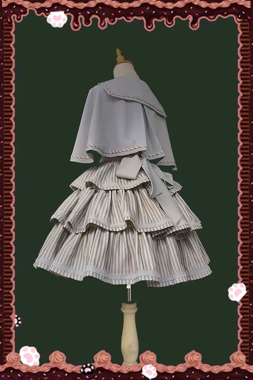 Size comparison detail of vintage striped peppy sailor Lolita JSK showing structured silhouette, ruffle edge depth, and overall volume achieved with properly fitting size in coordinate