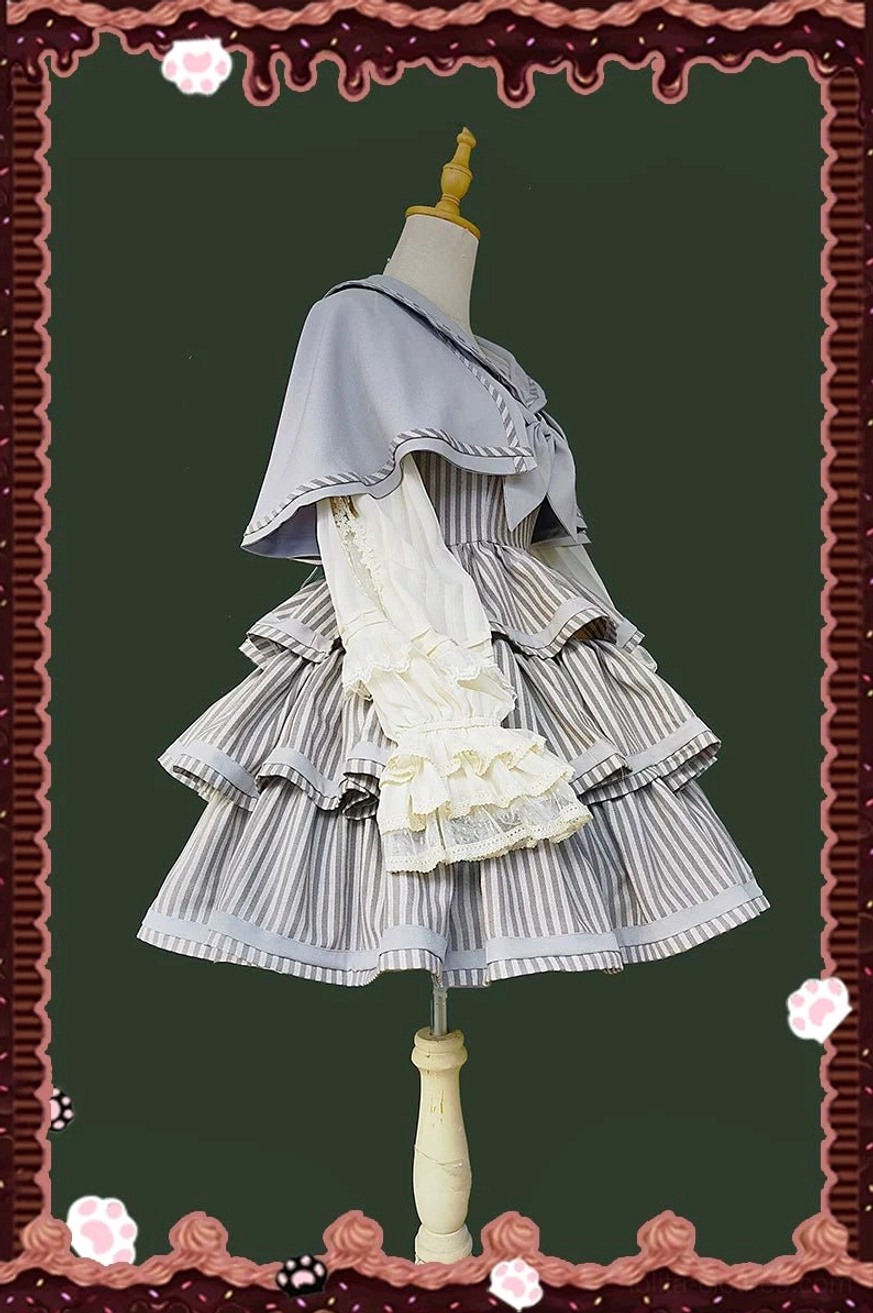Matching coordinating sailor hat for vintage striped peppy Lolita JSK ensemble displayed on dress form, featuring sailor-themed design with structured construction