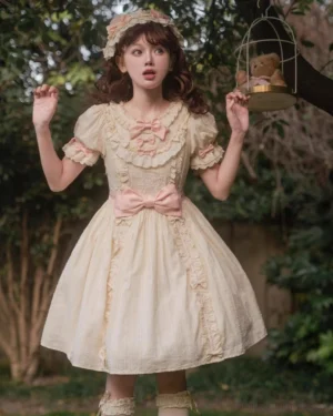 Vintage Sweet Bear Sweet Lolita OP dress worn outdoors in natural woodland garden setting, featuring cream beige jacquard cotton with ruffled neckline, pink satin bows, and puffed short sleeves on model with brown curly hair