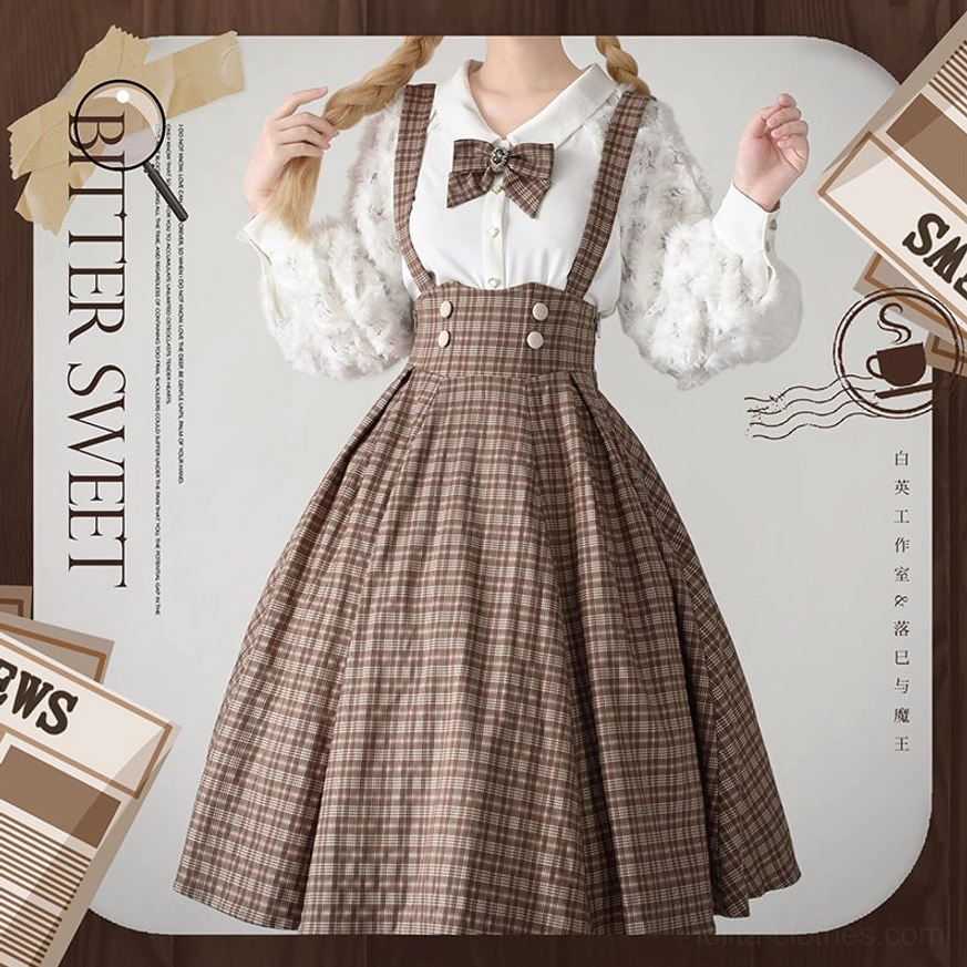 Vintage tartan Lolita skirt with detachable suspenders product showcase, highlighting super high waist structure, fishbone boning technology and cross-back suspender system design