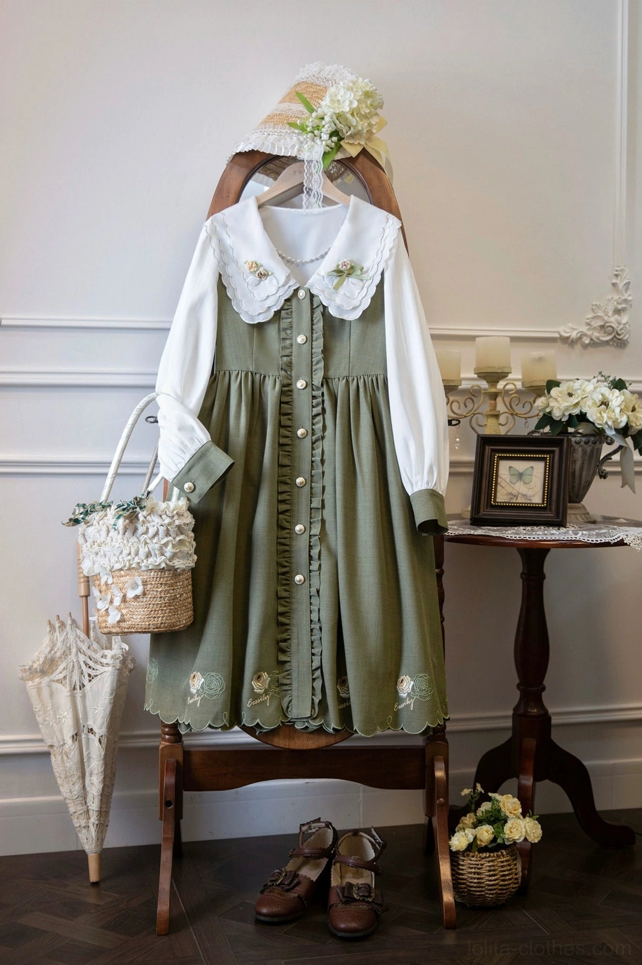 Vintage Victorian inspired Lolita OP dress botanical embroidery tea party style elegant coordinates Lolita subculture aesthetic